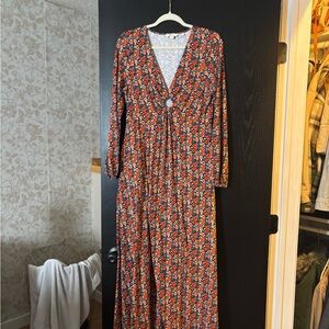 Floral Long Sleeve Dress - Black and Orange